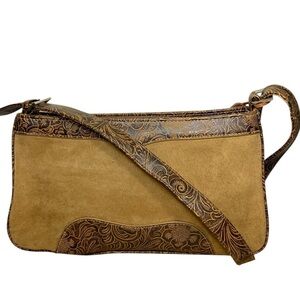 Vintage Bagatique Brown Western Shoulder Bag Faux Suede Leather Carved Hand Bag